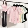 Camisa de Mujer de Manga Corta con Cuello en V Estilo Francés, Nuevo Modelo Verano 2026, Tallas Grandes, Adelgazante, Camiseta Base Corta Irregular