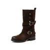 Botas cortas plegables de moda para mujer 2026 otoño e invierno, nuevas, punta redonda, tacón medio grueso, altura media de la pantorrilla, botas de moda con lavado de color