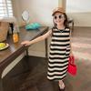 Vestido Regata Midi Listrado Preto e Branco com Contraste Elmo Beibei Estilo Coreano Casual Sem Mangas para Meninas