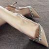 2024 Novo Outono e Inverno Bico Fino Strass Preto Salto Alto Feminino Lindo Salto Agulha Elegante Nude Couro Envernizado Sapatos