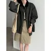Jaqueta Camisa Patchwork com Gola de Veludo Color Block Luxi para Mulheres, Outono 2026, Bolsos Grandes, Top Casual Solto W36002