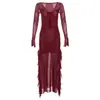 Vestido Feminino Vermelho Sexy de Manga Longa com Decote em V Profundo, Cintura Marcada e Fenda Alta - Estilo Europeu e Americano Transfronteiriço, Lançamento Outono 2024