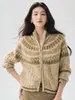 Cardigã de cashmere Fair Isle com zíper duplo para mulheres, apresentando gola alta, corte relaxed, design espessado e um padrão jacquard moderno com color blocking.