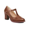 Sapatos Femininos de Salto Alto Estilo Britânico para Primavera e Outono, Bico Redondo, Salto Alto Bloco, Tira em T Retrô, Sapatos Femininos de Salto Alto com Padrão Brogue