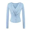 Camiseta de manga larga con retazos de encaje, estilo dos piezas falso, cuello en V para mujer, cárdigan casual de primavera, estilo puro y seductor, corte ajustado, ceñida a la cintura, top corto