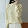 Suéter de Lã Pura Crochê Tricô à Mão Novo Outono e Inverno Feminino Gola Meia-Alta Solto Casual Camada Base Tricô Suéter