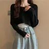 Suéter Curto Irregular Cor Lisa Tricô Feminino Solto Peça de Sobrepor Outono 2025 Novo Estilo Coreano Tricô de Manga Longa