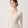 Suéter 100% cachemira pura para mujer, cuello en V, con un botón decorativo, corte ajustado, manga larga, estilo jersey, capa base de punto