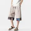 Shorts Masculino de Verão Novos Estampados Color Block Três Quartos Estilo Chinês Casual Jovem Retro Soltos de Algodão e Linho Calças Retas