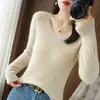 Blusa de Gola V 2025 Camisa Básica Nova Suéter de Tricô Tricô de Inverno Primavera Outono Feminino Listrada Manga Longa Estilo Slim Fino