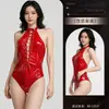 Ropa Interior Sexy Nube de Rosa, Tallas Grandes, Body Brillante de Cuero PU Patentado para Discoteca, con Abertura en la Entrepierna, Conjunto de Atuendo Biker Qqny
