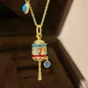 Collar para Mujer, Colgante Vintage de Turquesa Verde, Sonajero Artificial Estilo Étnico, Rueda de Oración, Cadena para Clavícula Esmaltada Estilo Tíbet