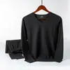 Traje de ropa interior térmica de terciopelo para hombre, cuello en V, color liso, conjunto base, otoño e invierno, para estudiante, terciopelo de doble cara, calzoncillos largos