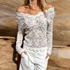 Novedades de Comercio Exterior Europeo y Americano Conjunto Sexy de Chica Caliente de Color Puro para Mujer Camiseta de Mujer con Encaje Transparente de Manga Larga Adelgazante Favorecedora