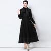 Foto Real de Vestido Elegante de Encaje Soluble en Agua con Clase de Manga Larga y Encaje de Seda con Cordones para Mujer con Cintura Alta y Falda Slim Midi