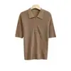 Polo de malha fina 100% lã pura, padrão espinha de peixe, manga curta, lavável à máquina, blusa casual, corte slim, peça básica, suéter