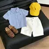 Conjunto de Niños Verano Estilo Academia Camisa a Cuadros Nuevo Cardigan de Marca Trendy Infantil Shorts de Algodón Puro Versátiles Conjunto de Dos Piezas