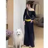 Conjunto Duas Peças Casual Chique Elegante de Outono com Top Ombro a Ombro e Calça para Mulheres