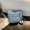 Bolso de Mezclilla Lavado Retro para Mujer Múltiples Bolsillos con Cremallera Almacenamiento Cruzado Bolso Pequeño de Hombro Único de Moda para Salir de Compras