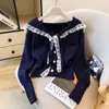 Blusa azul marinho de renda com laço, estilo coreano e universitário, para mulheres, cardigã de tricô de cor sólida com abotoamento simples
