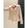 Suéter de Punto con Ribete de Encaje, Cuello en V, Manga Larga para Mujer, Nuevo Invierno, Ajustado, Abotonado, Versátil, Base