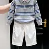 Suéter de punto tipo polo a rayas grises bordado con oso, estilo coreano para niños, novedad otoño 2026, y pantalones rectos para niños