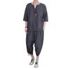 Traje de lino de imitación para hombre, verano 2025, estilo chino, talla grande, pantalones capri holgados, abrigo informal de algodón y lino de imitación, dos piezas