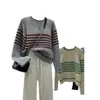 Suéter de Gola Redonda Listrado de Malha Avançada Preguiçosa Contraste Feminino Outono e Inverno Estilo Coreano Peça Solta Macia Cera Top de Tricô