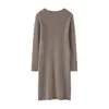 26 Otoño Invierno Nuevo Vestido de Punto de Lana Pura de Siete Puntos Engrosado con Cuello Redondo Falda Larga de Raya con Abertura Suéter Capa Base para Mujer