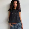 Camiseta tipo polo de manga corta, color liso, con botón grande, cintura fruncida y dobladillo ancho, top único estilo americano, camisa casual vintage para mujer