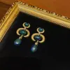 Pendientes de Colgante Geométricos Chapados en Bronce Occidental 18 Oro Retro Antiguo con Diseño de Lapislázuli Nicho Grandes