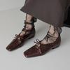 Mary Jane Francesa Retro Plisada de Piel de Vacuno Otoño 2024 Tacón Bajo Grueso Lazo Cuadrado Cuero Genuino Zapatos con Cordones para Mujer