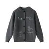 Cárdigan infantil de cuello redondo 100% lana pura con simple bordado de animal pintado a mano, chaqueta tejida para otoño e invierno