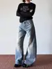 Pantalones vaqueros de pierna ancha estilo retro americano de talle alto favorecedores con estampado de bambú para mujer, novedad de principios de primavera 2027