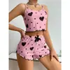 Verano Nuevo Europeo y Americano 2024 Diseño Tejido de Canalé con Estampado de Corazón Dulce Shorts de Tirantes Pijama de Deseo Puro para Mujer