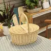 Cesta de Picnic Francesa Mimbre Bambú Cesta de Compras Pequeña de Mano Picnic Columpio Camping Almacenamiento Tejida Fruta Portátil con Tapa
