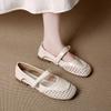 Sapatos Single Prateados Respiráveis Vazados Estilo Francês para Mulheres, Novo Modelo Verão 2025, Elegantes Sapatos Mary Jane com Uma Tira, Bico Quadrado e Salto Baixo