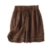 Pantalones de Algodón y Lino con Encaje Hueco Vintage de 8 Colores para Mujer, Cintura Elástica con Cordón, Pierna Ancha, Pantalones Cortos Casuales Cómodos, Cintura Alta
