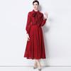 Elegante Vestido de Seda con Encaje Soluble en Agua, Manga Larga, Estilo Femenino de Alta Gama para Mujer, Falda de Cintura Alta Adelgazante de Longitud Media