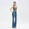 Pantalones Vaqueros Lanyuxi Cuatro Estaciones para Mujer Lycra Elástico en Cuatro Direcciones Suaves y Delicados Peso Pesado Lavado Degradado Ajustados Acampanados