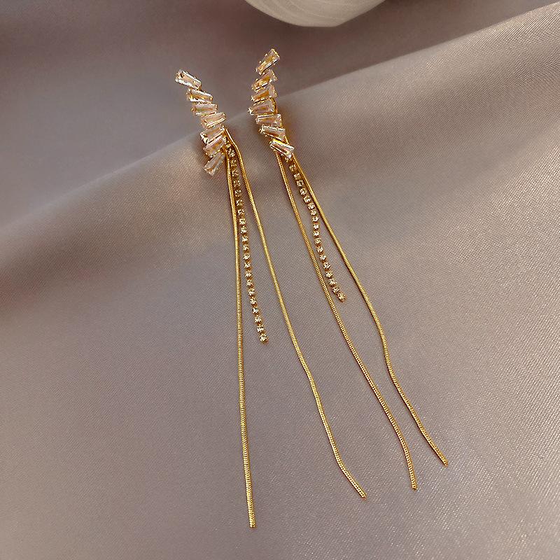 菱形锆石长款流苏耳环