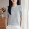 Cardigan de Punto Nuevo para Mujer Primavera/Verano 2026 con Encaje, Cuello Redondo, Manga Corta, Color Sólido, Calado, Holgado, Venta al por Mayor