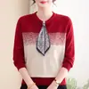 Blusa de Tricô Color Block com Laço para Primavera e Outono da Mamãe, Suéter Elegante de Lã para Mulheres de Meia-Idade e Idosas, Camada Base Solta