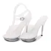 Sandalias de Tacón Alto para Mujer Nuevas 12 cm Tacón de Aguja Sexy Cristal Transparente Correa de Una Sola Línea Modelo Pole Dance Pasarela Zapatos de Antro
