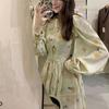 Saia Floral Estilo Hepburn Platycodon Moda Primavera & Outono Estilo Deusa Decote Redondo Manga Longa Saia Longa Manga Lanterna Vestido Plissado