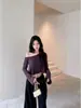 Camiseta Morada de Manga Larga Off-Shoulder de Lino Lyocell Laareeto para Mujer, Top Corto de Otoño, Adelgazante y Versátil