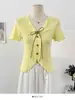 Camiseta de Manga Corta con Volantes y Cordones en V de Diseño Estilo Coreano para Mujer Primavera 2026 Top Corto Adelgazante de un Solo Botón
