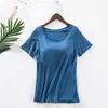 Camiseta Feminina Modal Acolchoada de Manga Curta Copo Tudo-em-Um Cor Lisa Sem Sutiã Yoga Casa Camada Base Top Esportivo