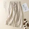 Calça de algodão e linho estilo retrô japonês para mulheres, estilo simples de verão, calça casual versátil para o dia a dia, cintura elástica, calça cropped