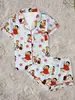 Pijama corto doble para mujer con estampado de niña pequeña de dibujos animados Heidi, cuello solapa, seda de leche, sitio independiente de Amazon transfronterizo